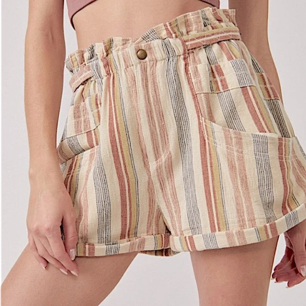 Free People Topanga Yarn Dyed Shorts New Large Boho Paper Bag Pocket striped - Picture 1 of 16